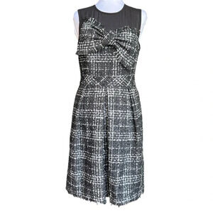 Trina Turk Black White Tweed Plaid Sheer Neck Bow Dress Size 4